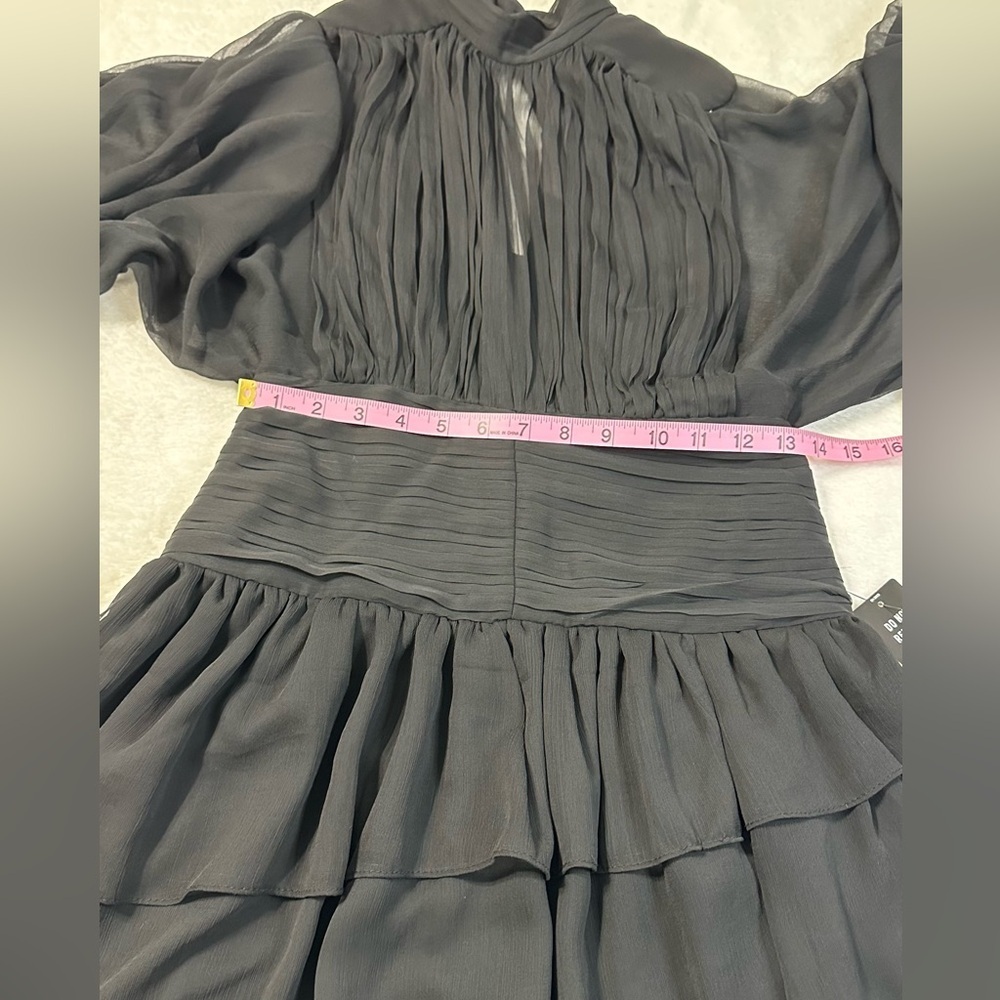 NWT Express Black Mock Neck Long Sleeve Pleated Waist Tiered Ruffle Mini  Dress - Picture 6 of 16